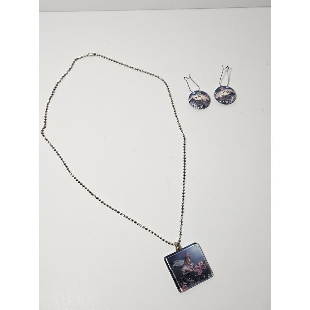 Gothic Whimsygoth Fantasy Fairy Resin Glass Tile Pendant Necklace Earrings Set